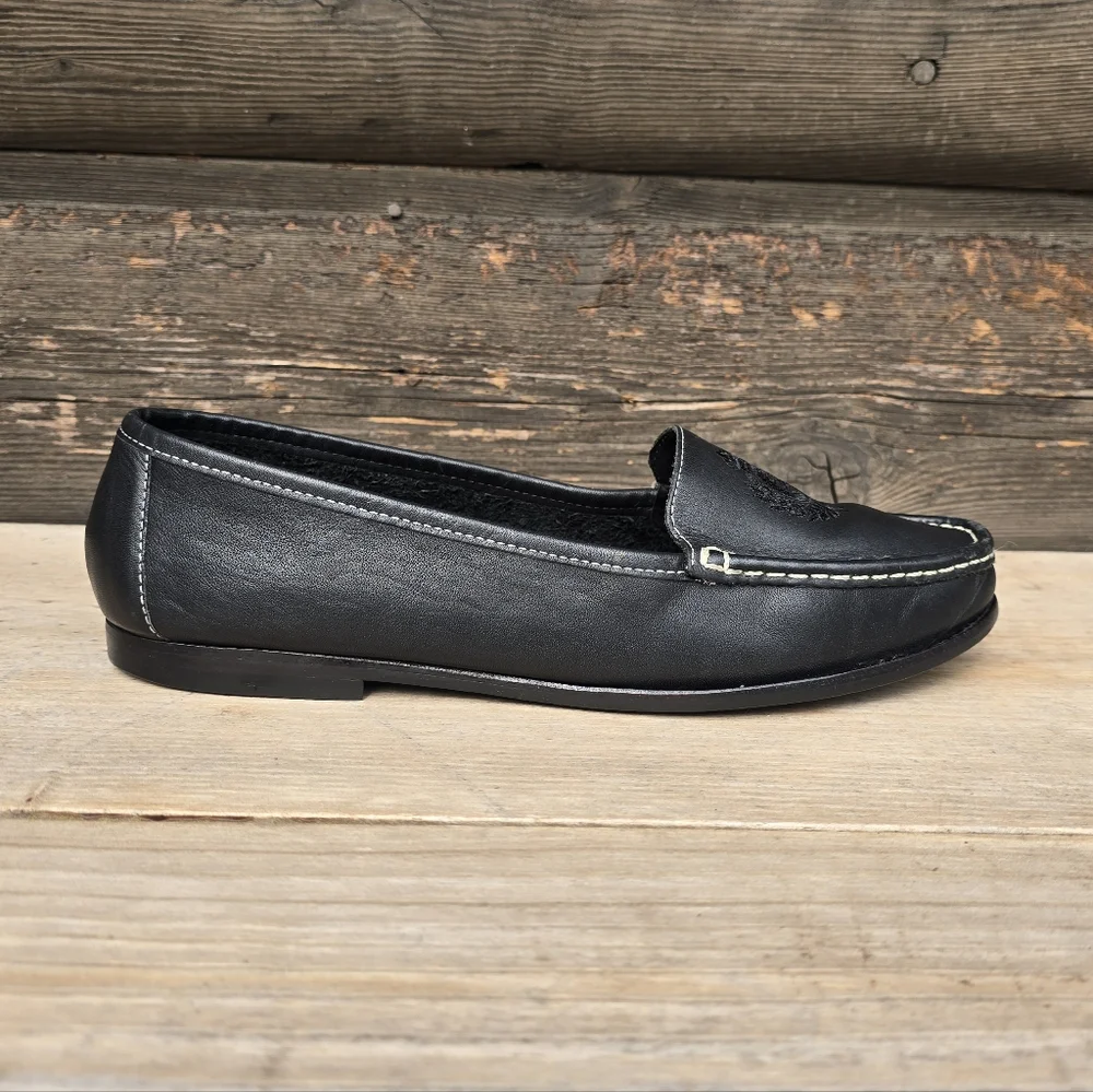 Liz Claiborne 90s Preppy Minimalist Black Leather Crest Comfort Loafers 8.5M